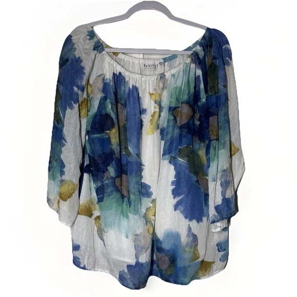 Habitat Blouse Artsy Lagenlook Size L Floral Coastal Grandma Linen Blend Flowy - Picture 1 of 12